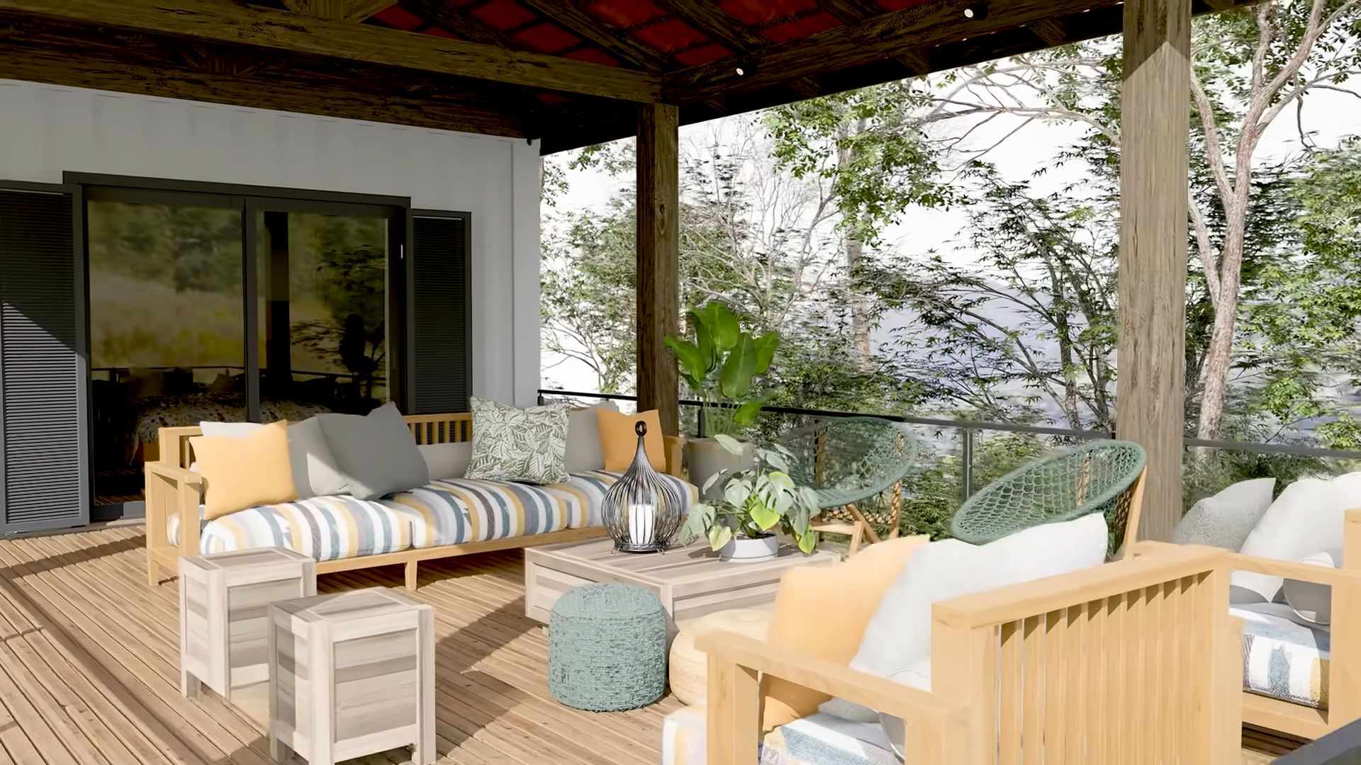 Terrace with wooden longue chairs and plants