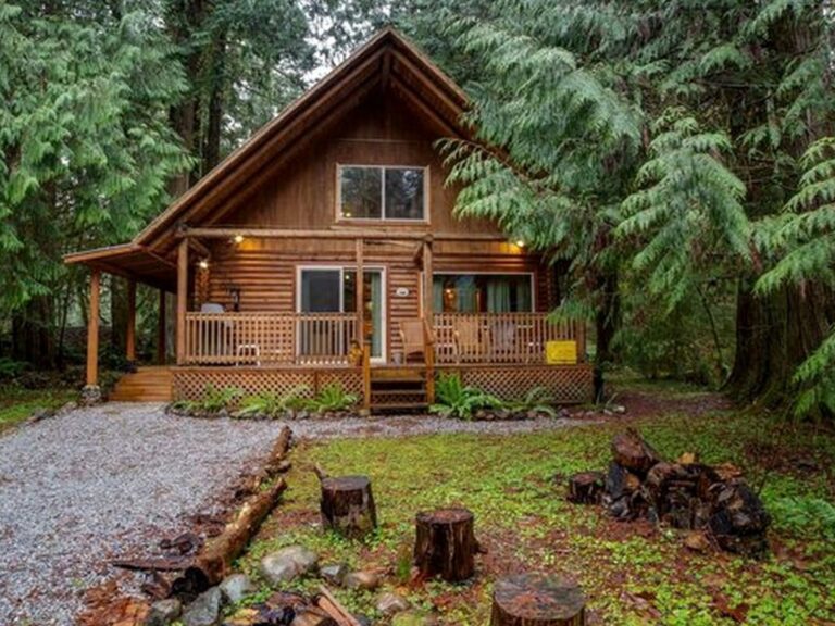 exterior of the log cabin surrounded by trees and a small front porch