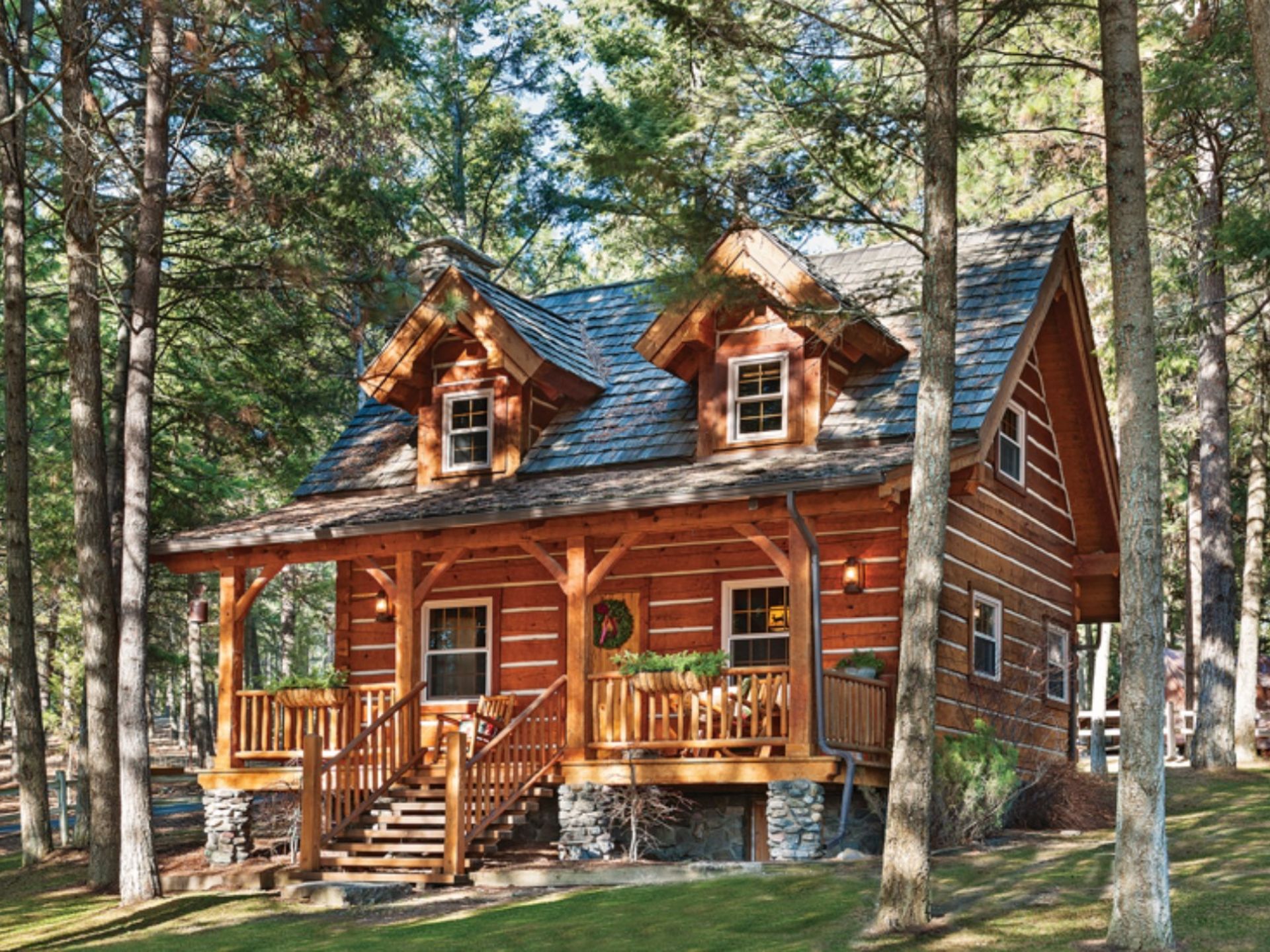 exterior of a wooden cabin in a forest