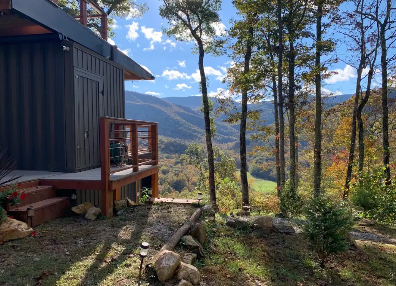 view from container cabin in the forest