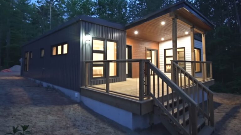 early morning and sun above the container house in the woods