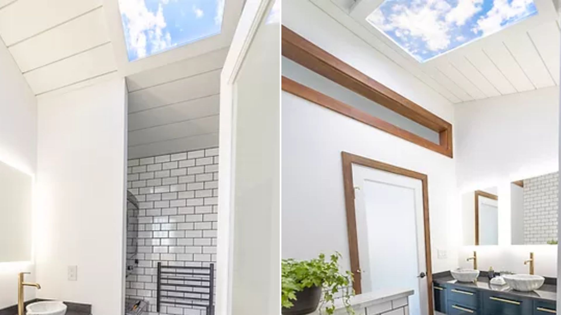 collage photo of two rooftop windows in white bathroom with subway tiles