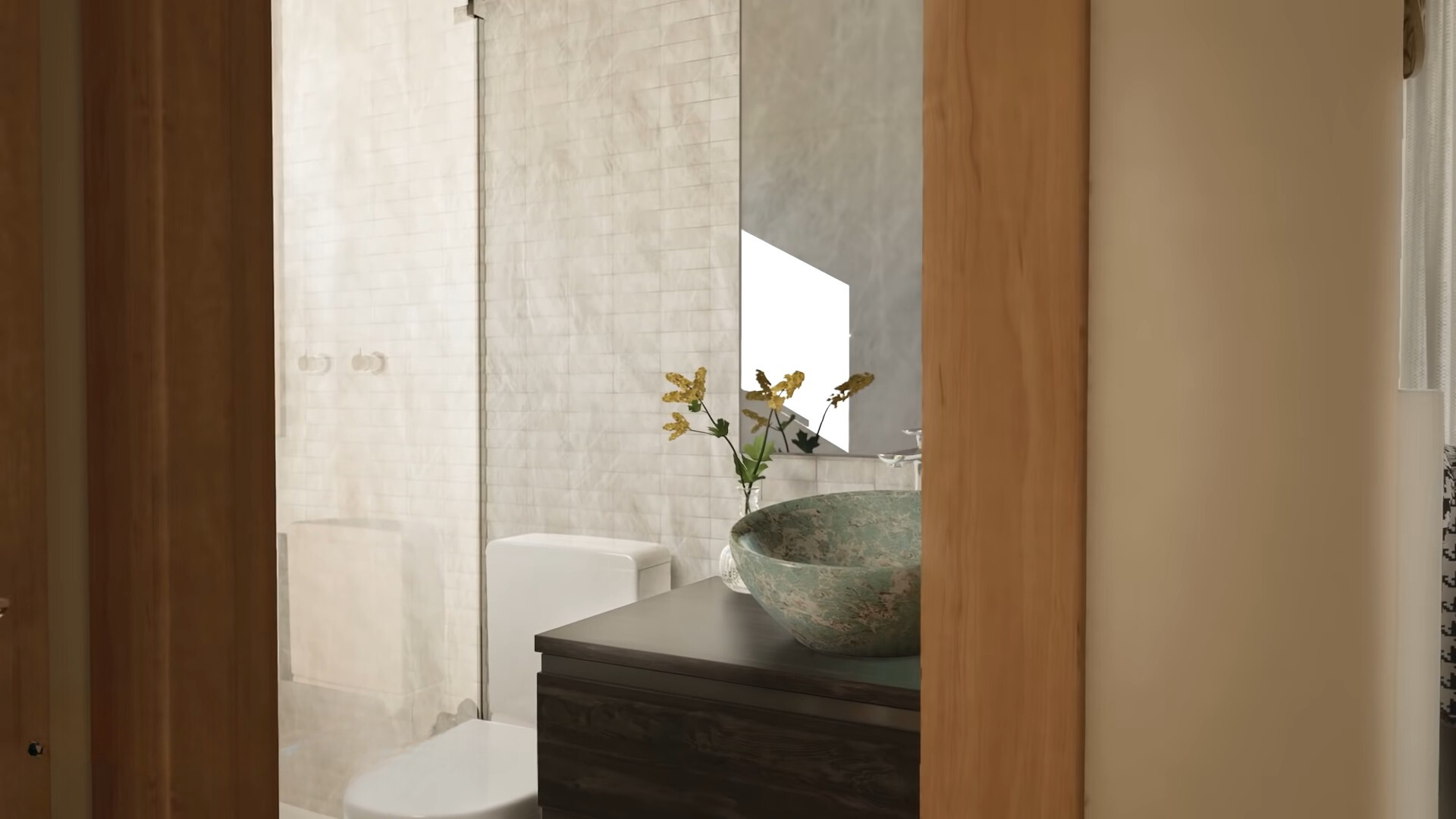 bathroom with a glass shower, dark brown cabinet and a light green sink