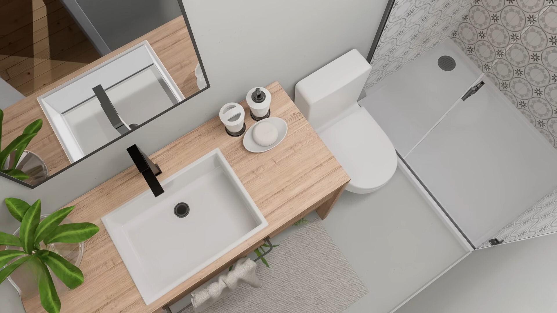 bathroom with a glass shower, textured tiles, and a big mirror