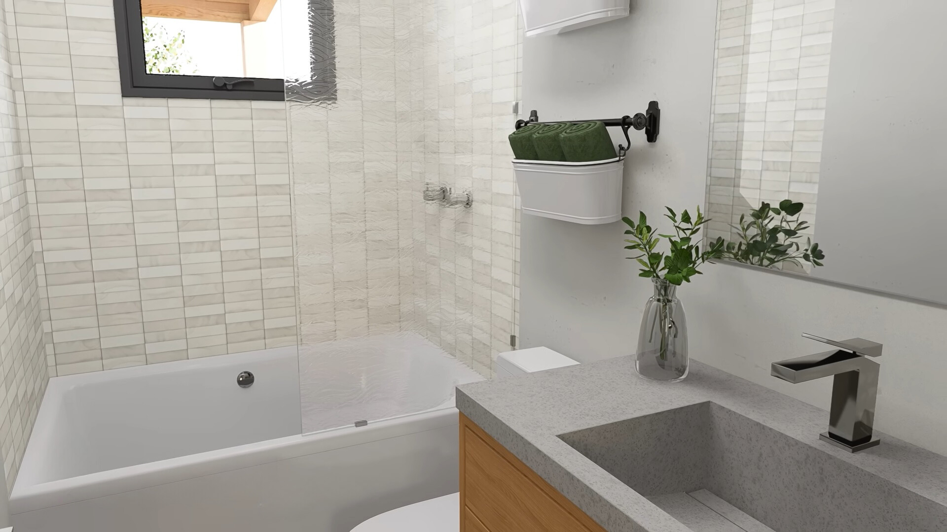 bathroom with a white bathtub, gray sink and a mirror above it