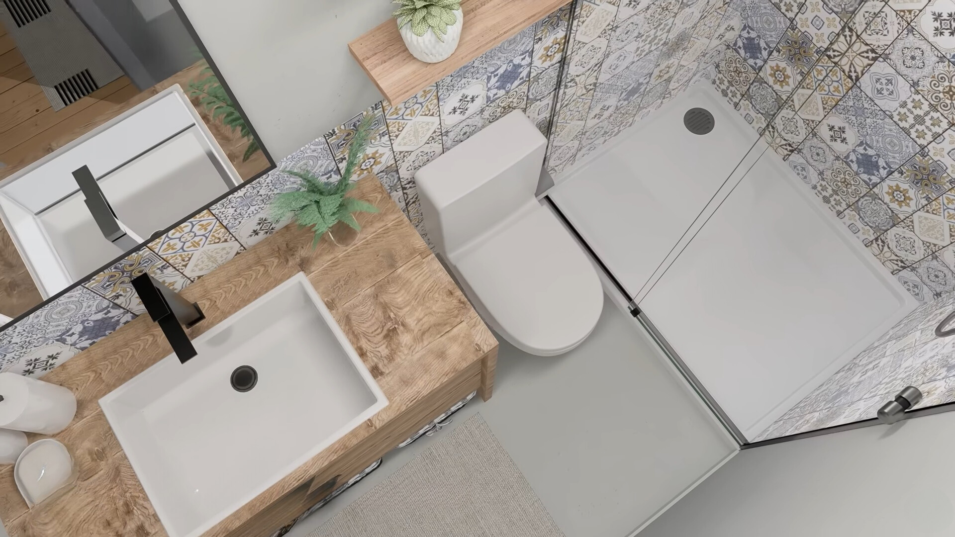 bathroom with a glass shower, textured tiles, brown cabinet and a big mirror