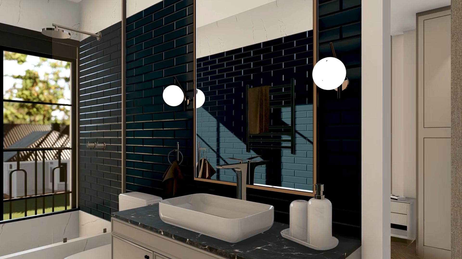 guest bathroom with blueish-green tiles, white sink, and white marble tub