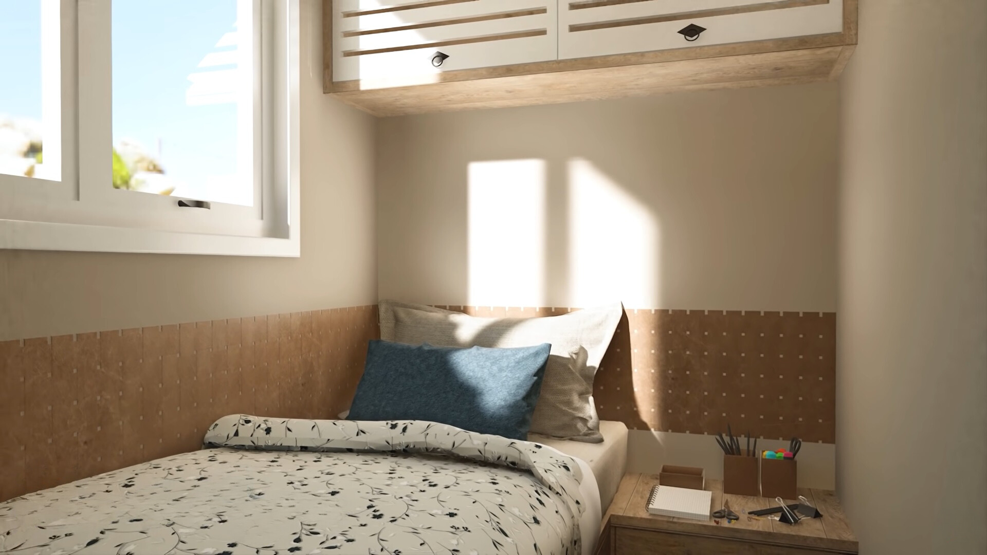 bedroom with a wooden bedside table, window and white cabinets above the bed