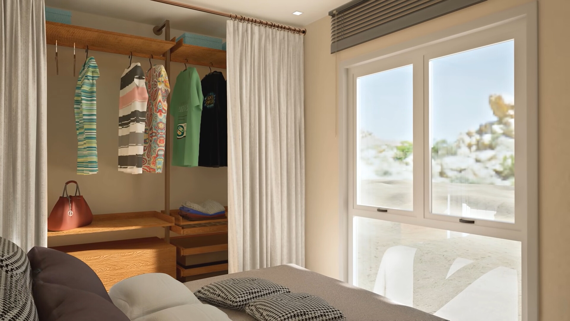 bedroom with a floor to ceiling window, a bed and a closet