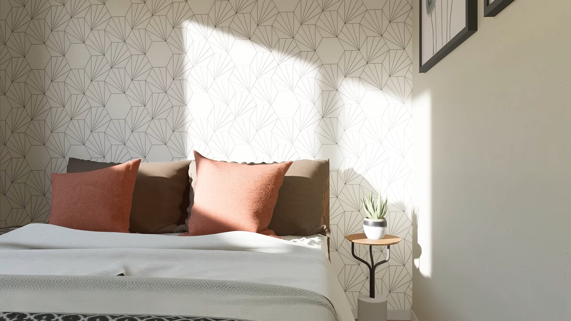 bedroom with a comfy bed, textured wall and a tiny table with a potted plant