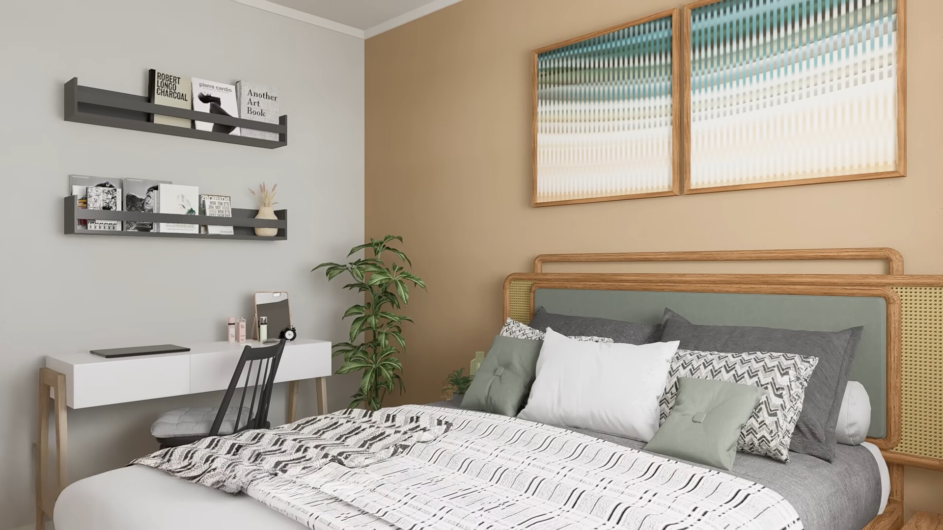 bedroom with a tiny, white desk, gray shelves with magazines and artwork above the bed