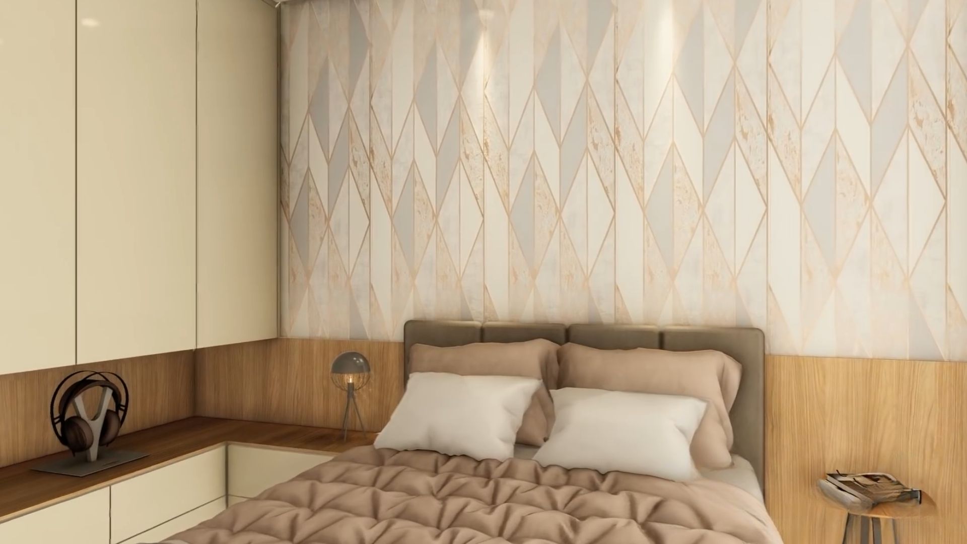 bedroom in beige tones with wood cabinets in two rows and a nightstand, interestingg wallpaper on the wall behind the bed