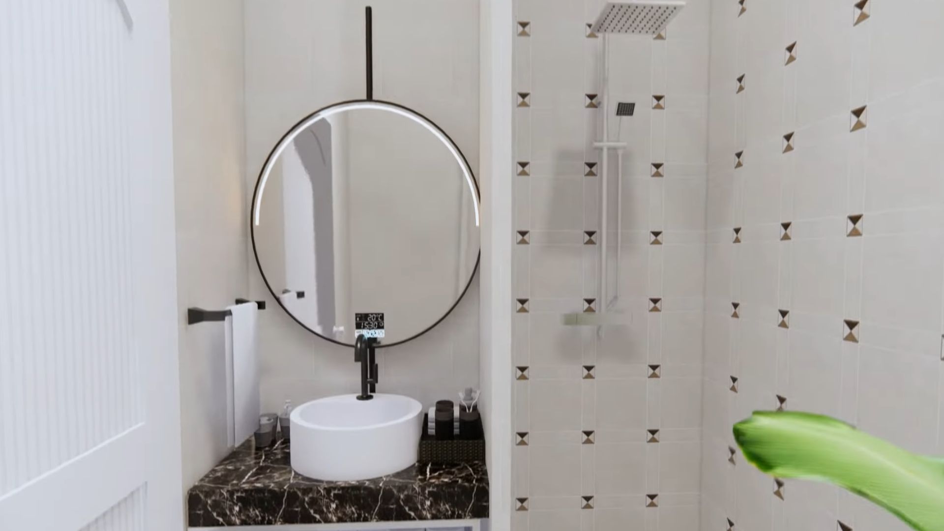 tiny bathroom with a black marble vanity, a round white sink, round mirror, and a walk-in shower with a rain shower