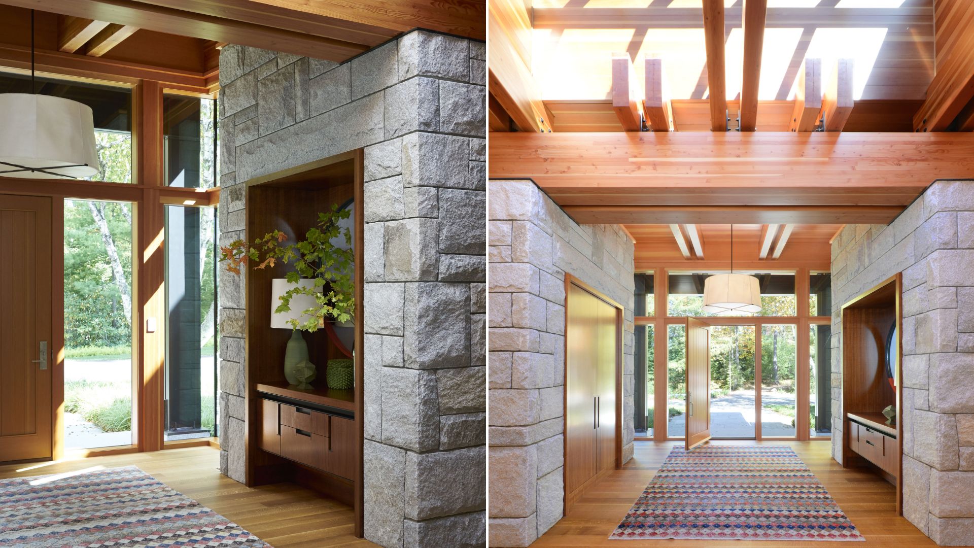 a bright entry and hallway with skylight windows and granite walls