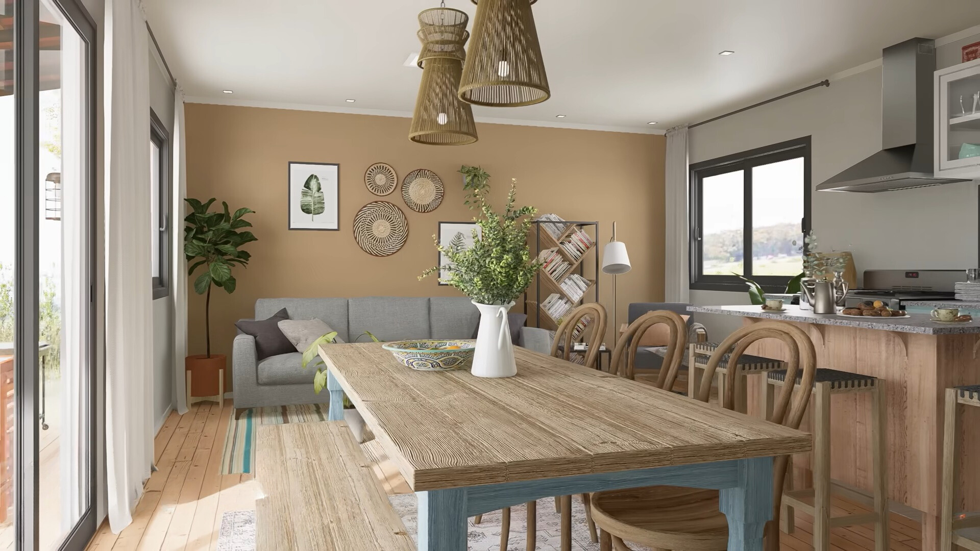 brown dining table with chairs and a bench