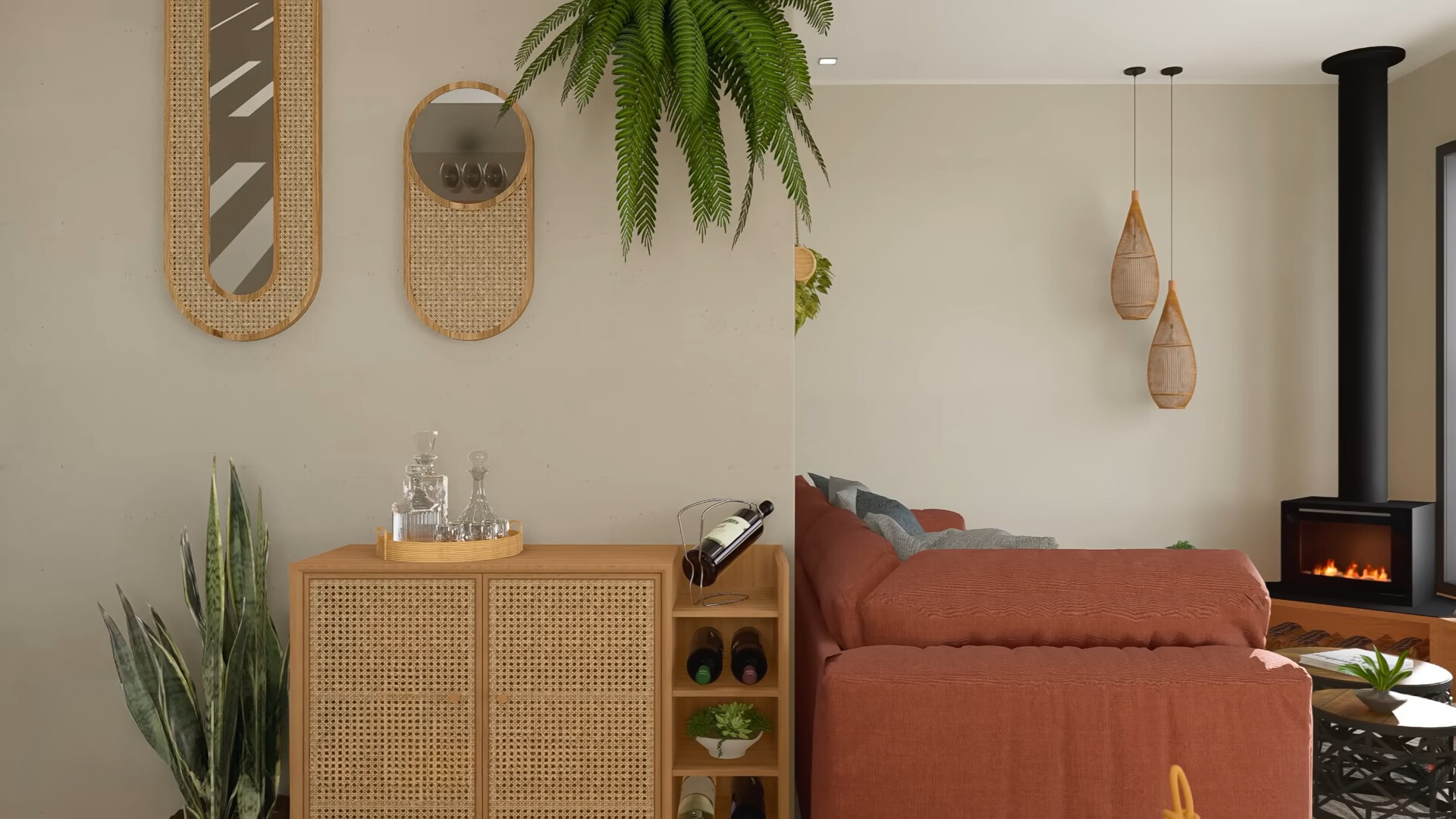 brown cabinet with a couple of open shelves displaying alcohol bottles