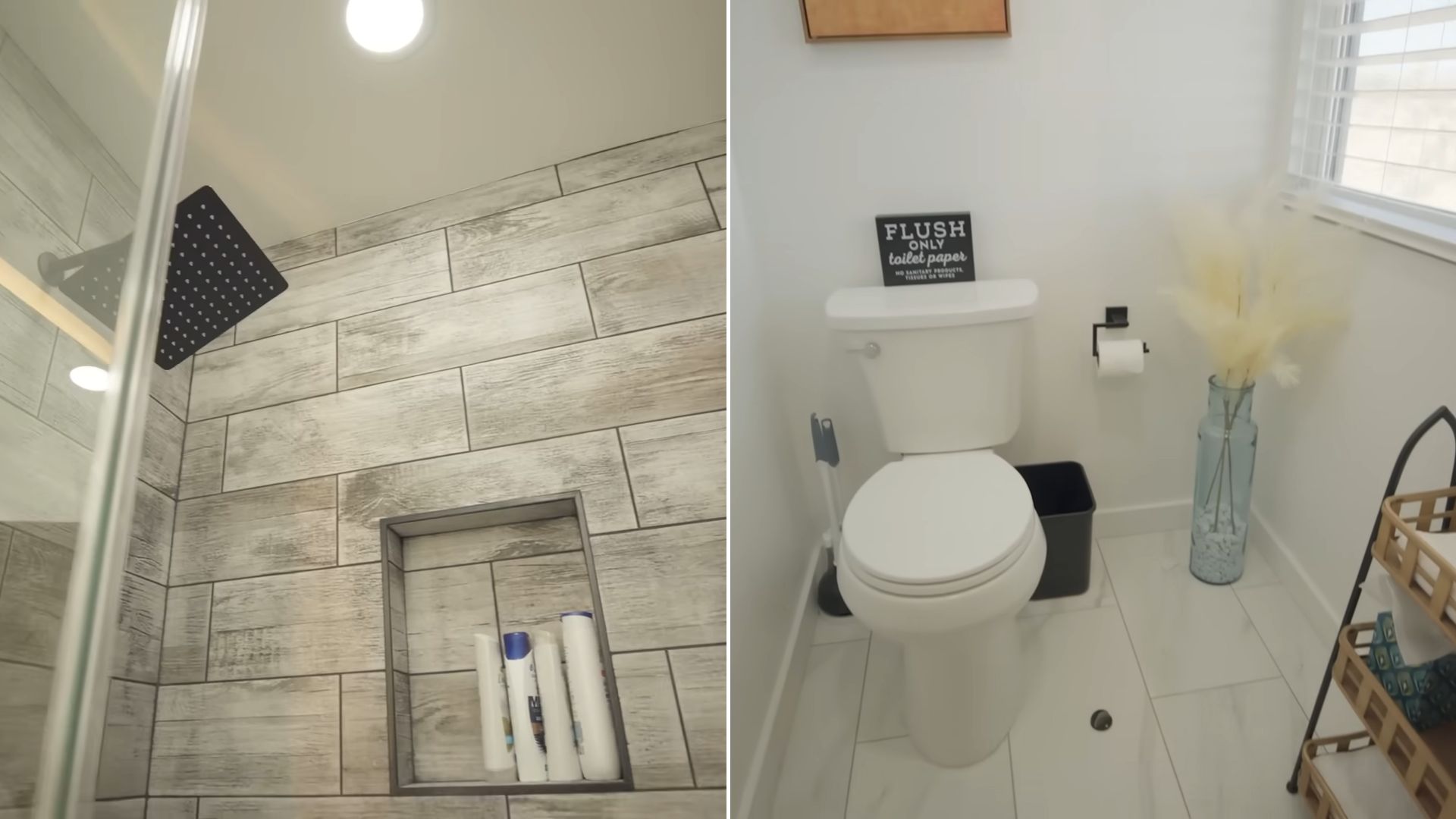 collage photo of guest bathroom in white and grey with a rain shower