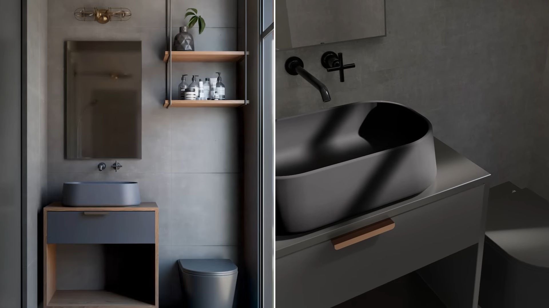 collage photo of concrete and anthracite bathroom with a black sink, toilet bowl, and a black faucet