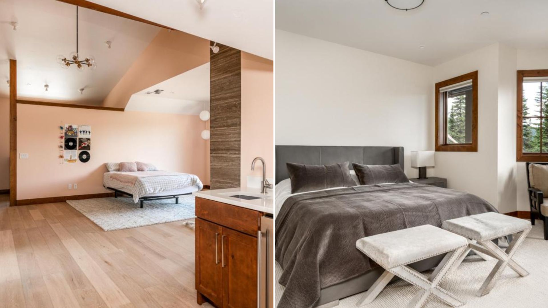 collage photo of two bedrooms in the house with big and comfortable beds and spacious rooms