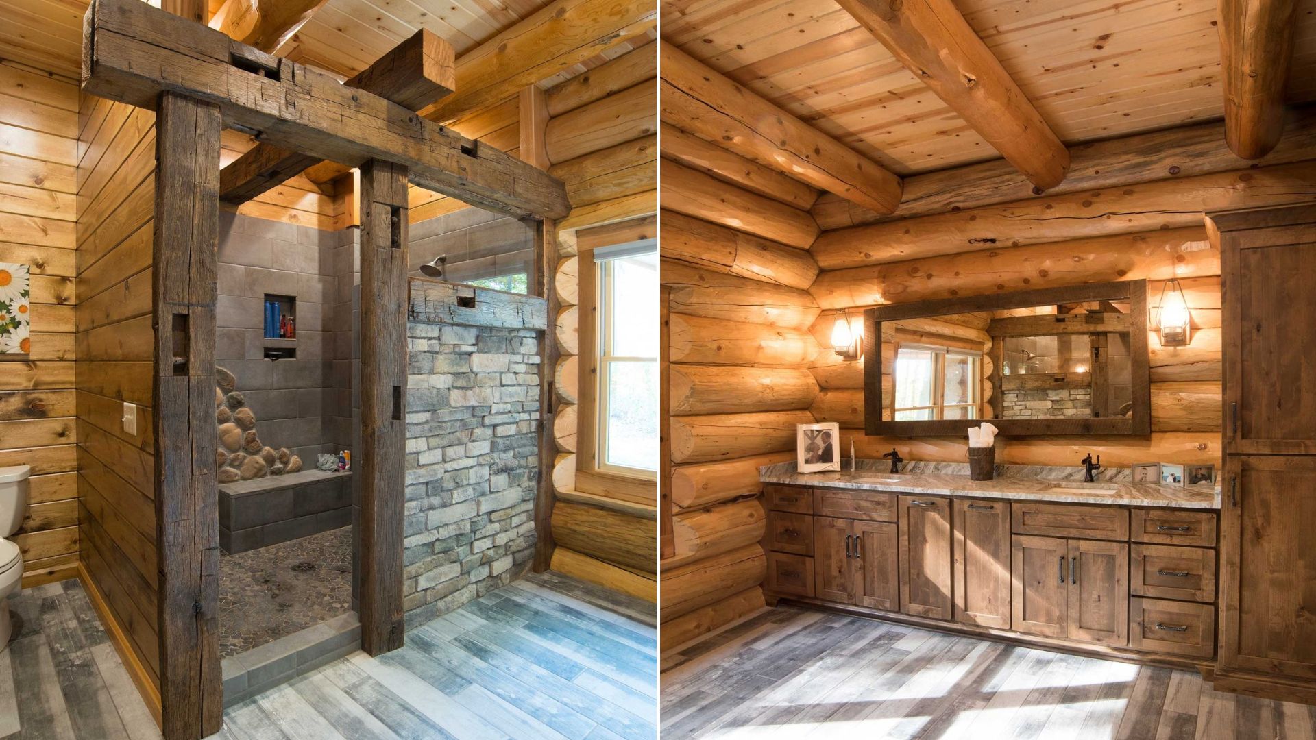 collage photo of the master bathroom with a stone walk-in shower and a big wooden vanity on the other side