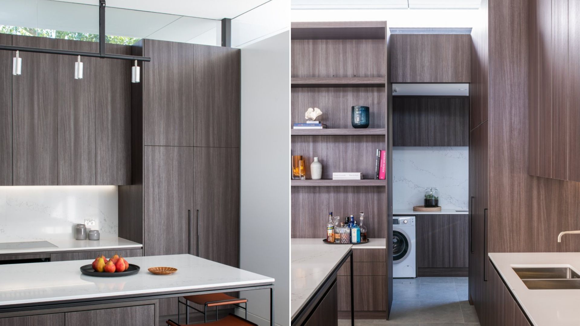 collage photo of the kitchen with greyish brown wood cabinets and plenty of storage space on the shelves