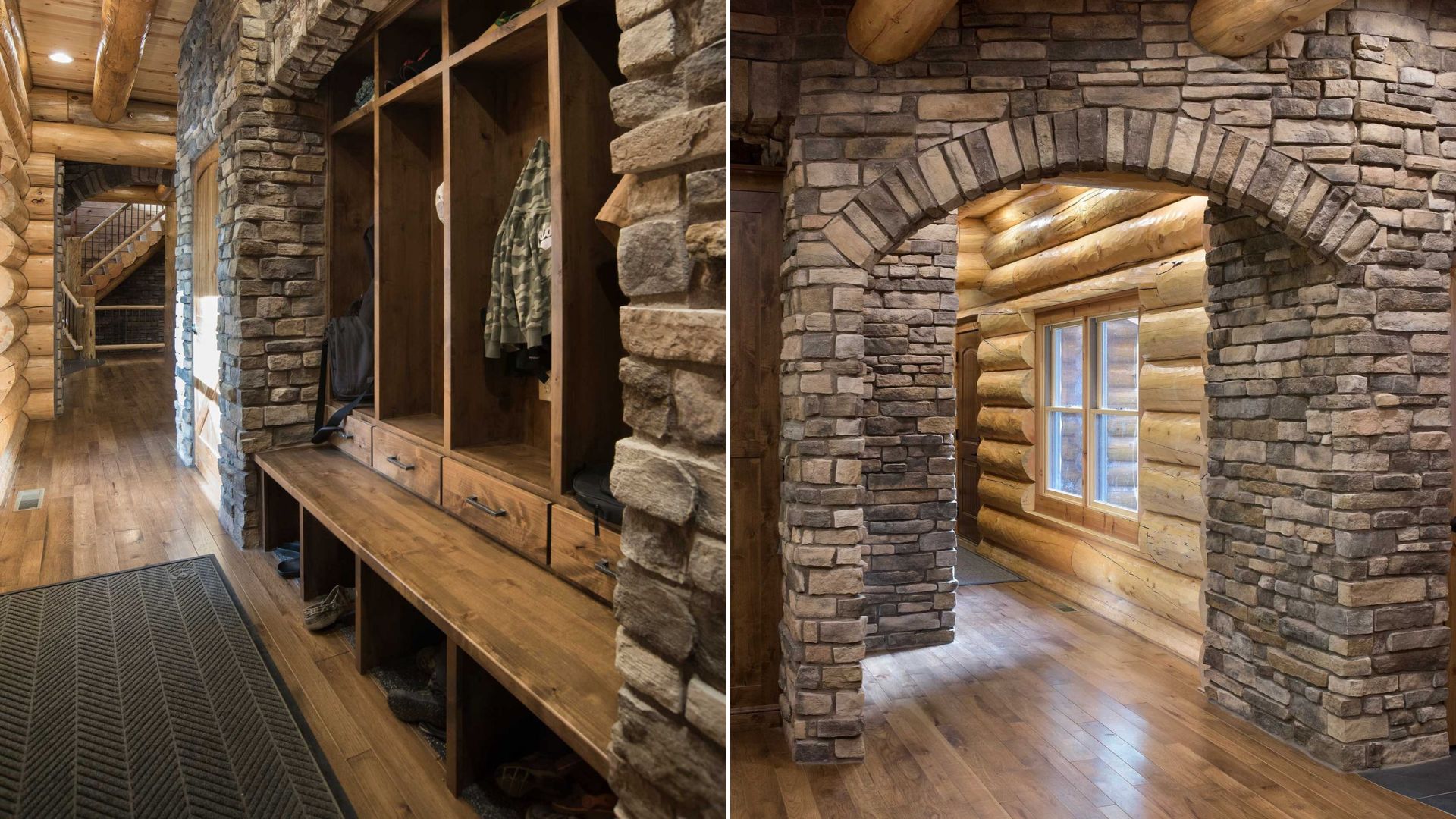 stone details, wooden cabinets, and a mudroom in the house