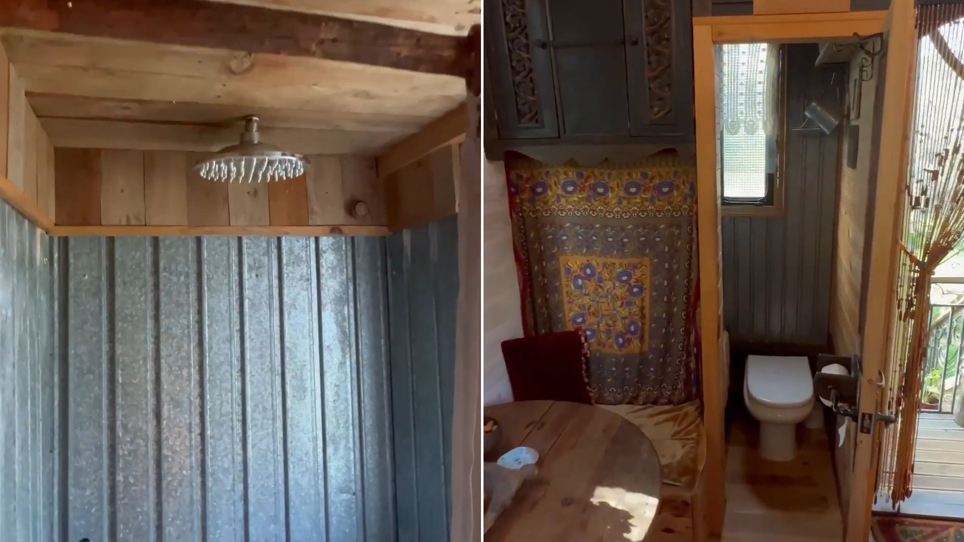 collage photo of the small bathroom, shower with aluminum panels, and a compost toilet