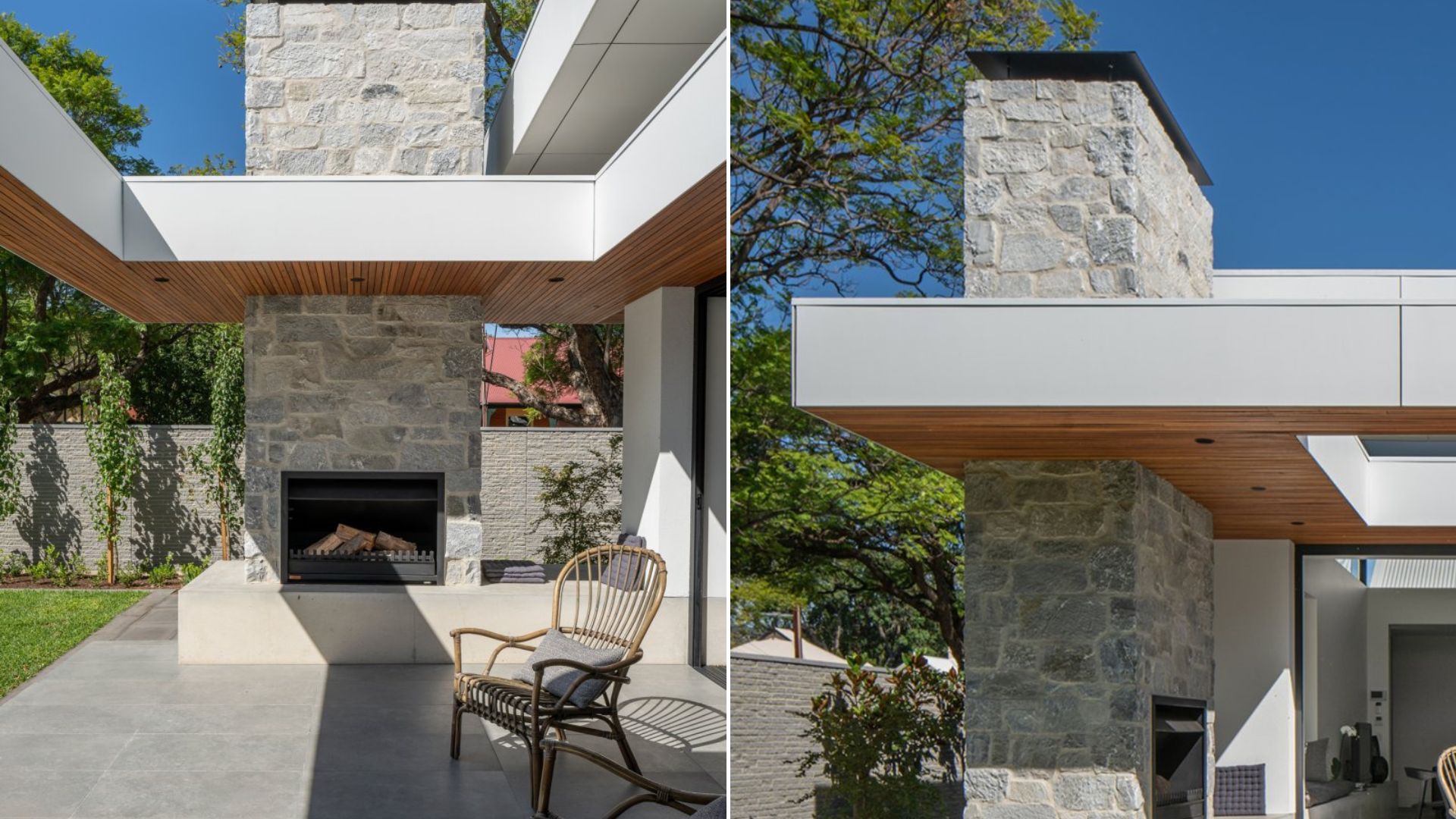 collage photo of the dominant stone fireplace and a sitting area