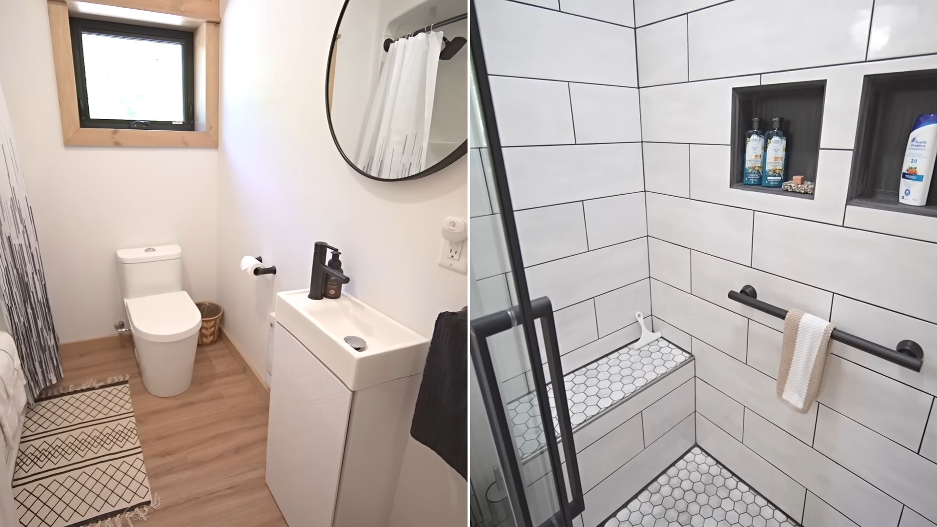 collage photo of guest bathroom and master bathroom in white with wood and black accents