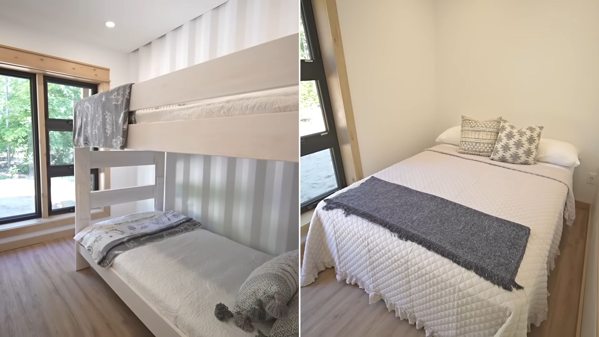 collage photo of two guest bedrooms, one with a bunk bed and one with a queen bed