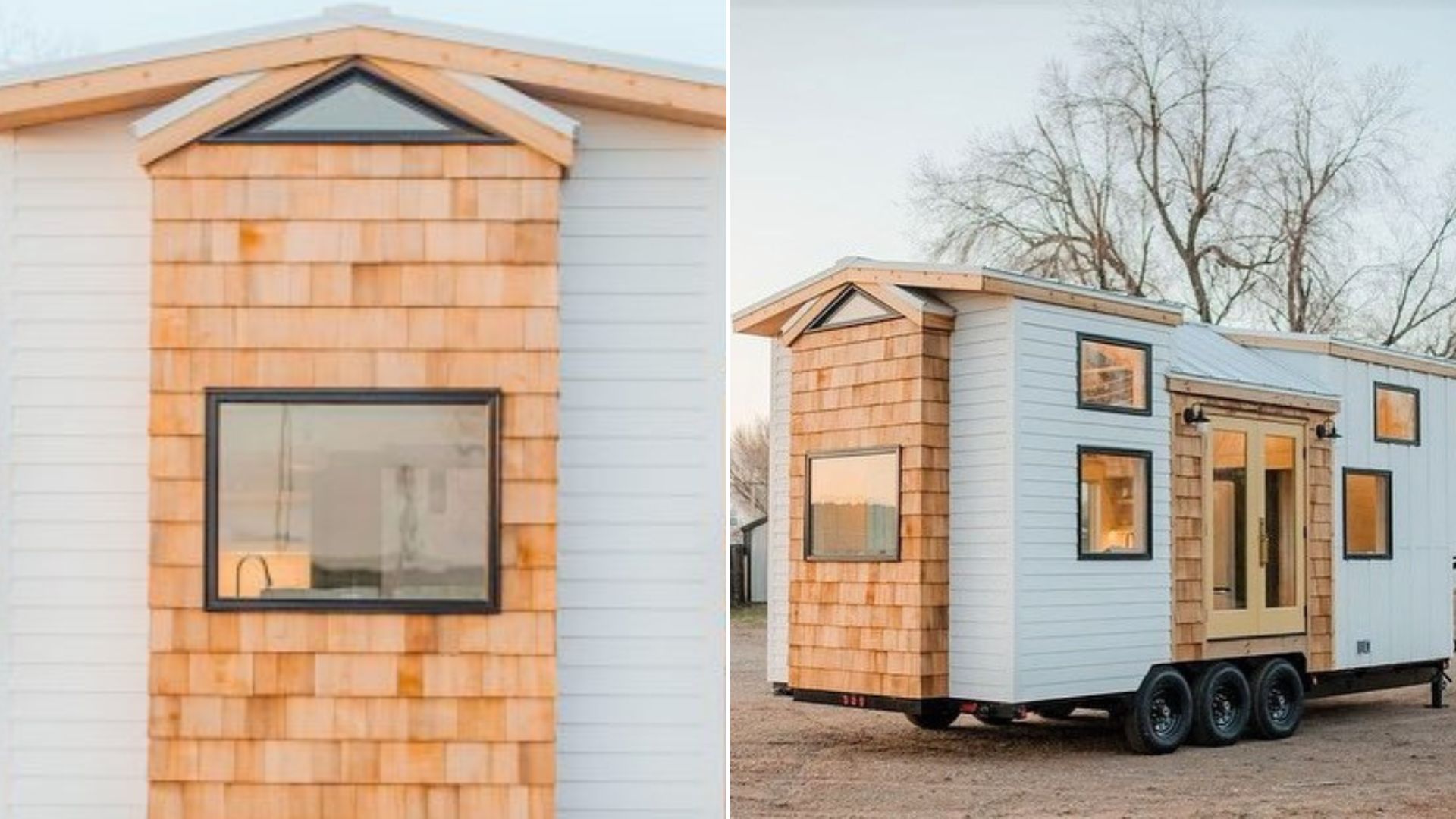 thow house exterior in white wood planks with light brown accent walls and small windowsthow house exterior in white wood planks with light brown accent walls and small windows