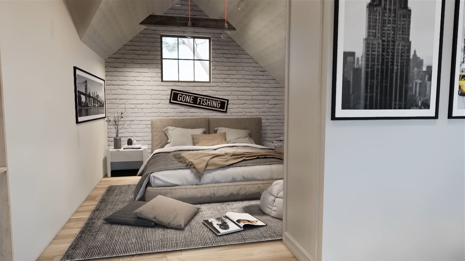 cozy master bedroom in beige tones with black and white artwork