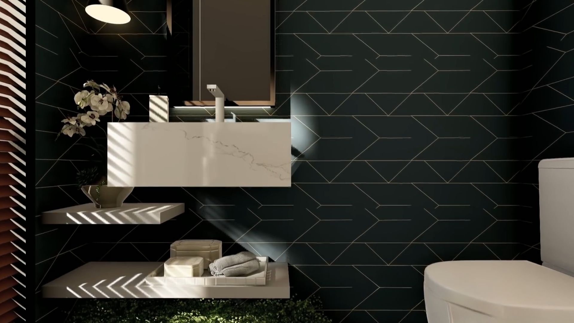 deep green bathroom with interesting tiles, floating shelves, and a white sink