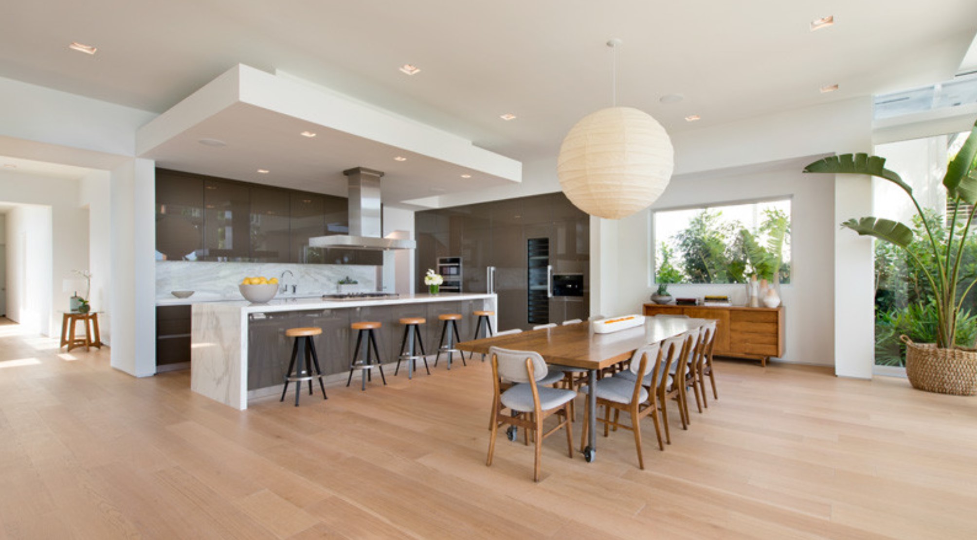 Dining room of modern house with long table