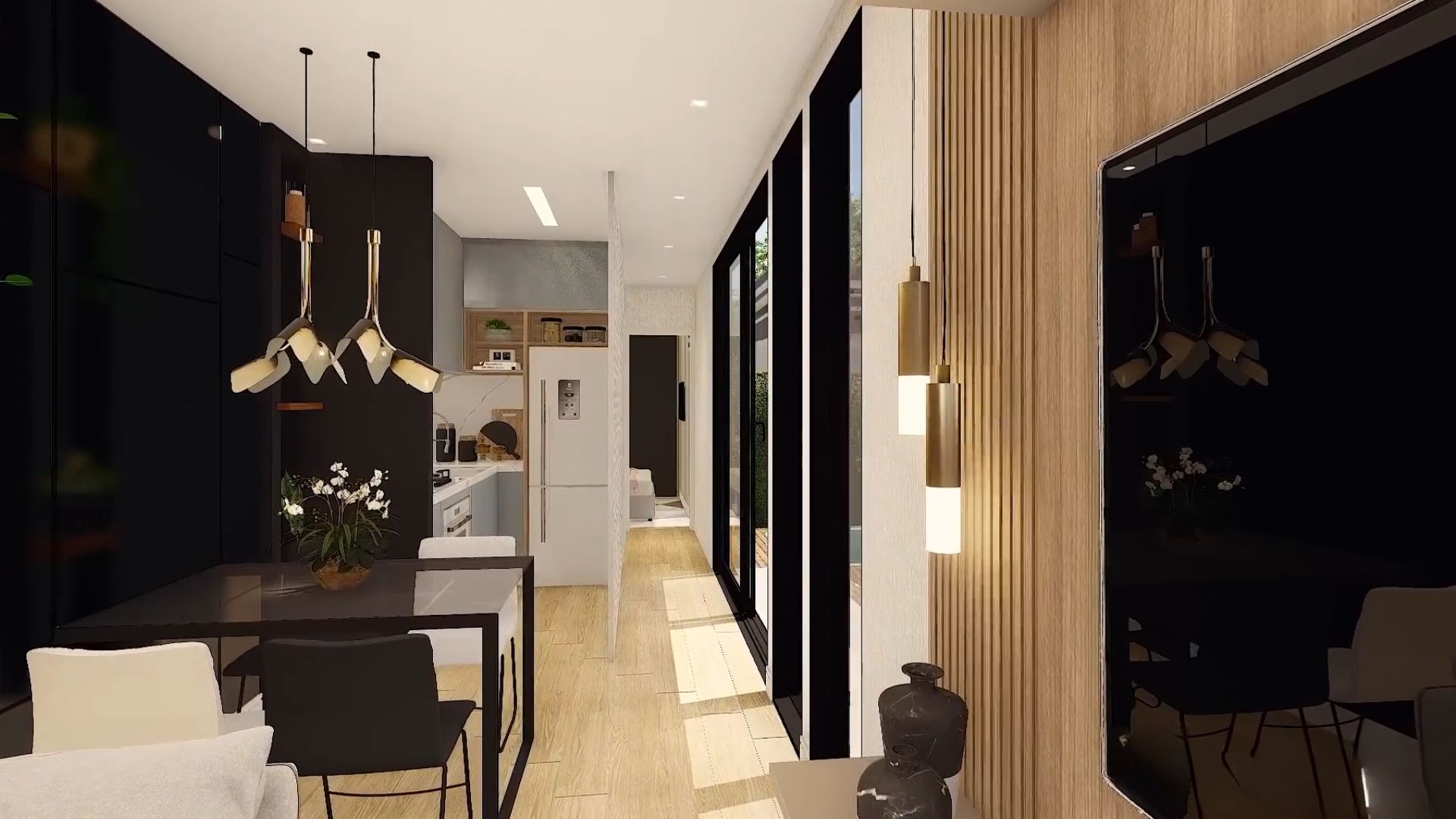 dining room area with black and white chairs, a glass dining room table with a black trim, and black walls with storage behind them