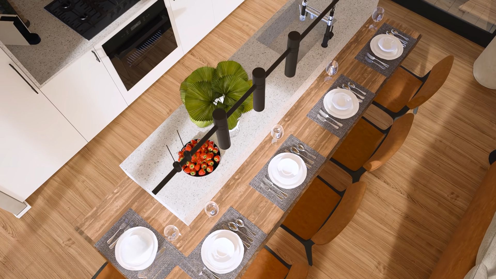 dining room table for five from above, black industrial light hanging above it