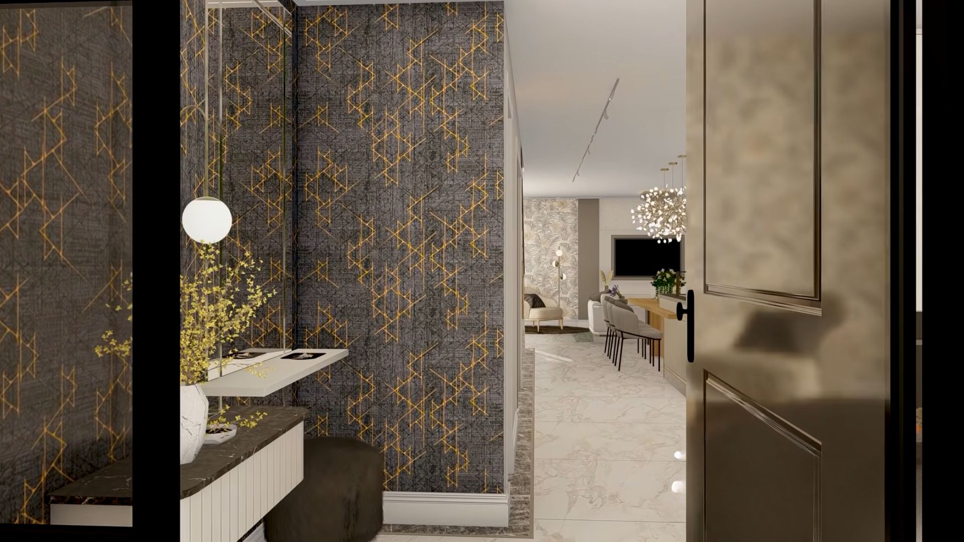 entryway with floating elements and a posh wallpaper with gold accents