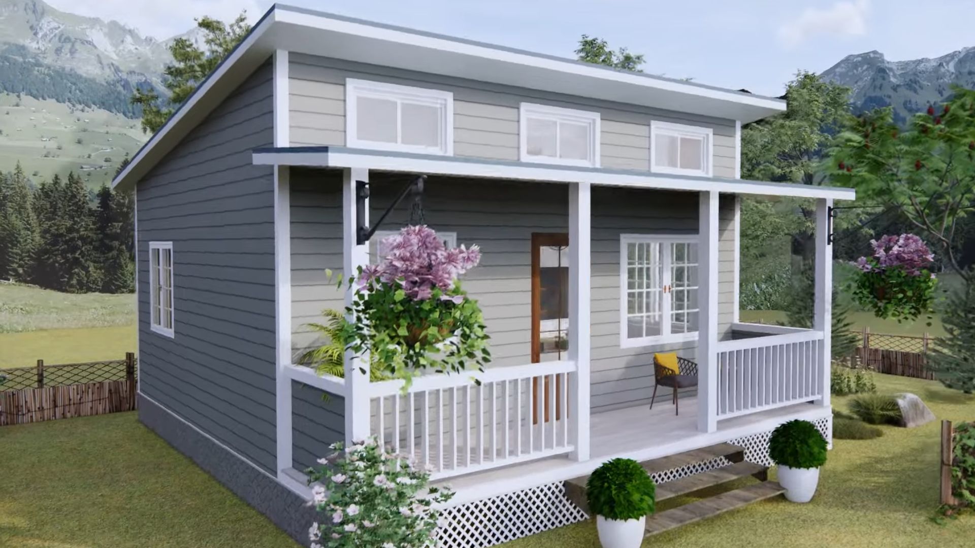 tiny cottage house with a small porch and light grey wood panels as a facade, looking lovely