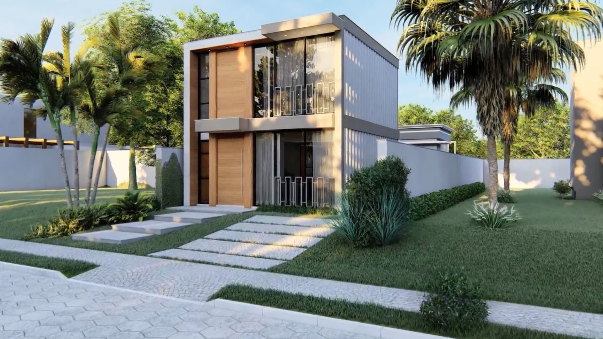 container home on two stories made with two 40-foot containers now with a modern facade in white and wood accents