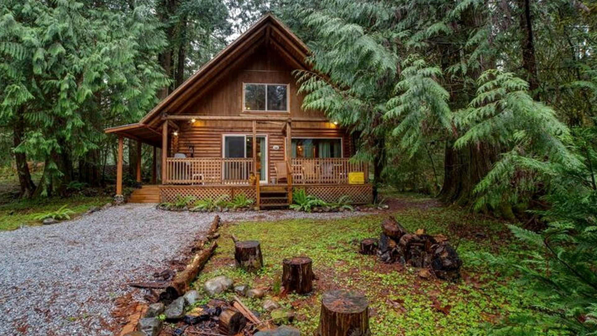 exterior of the log cabin surrounded by trees and a small front porch