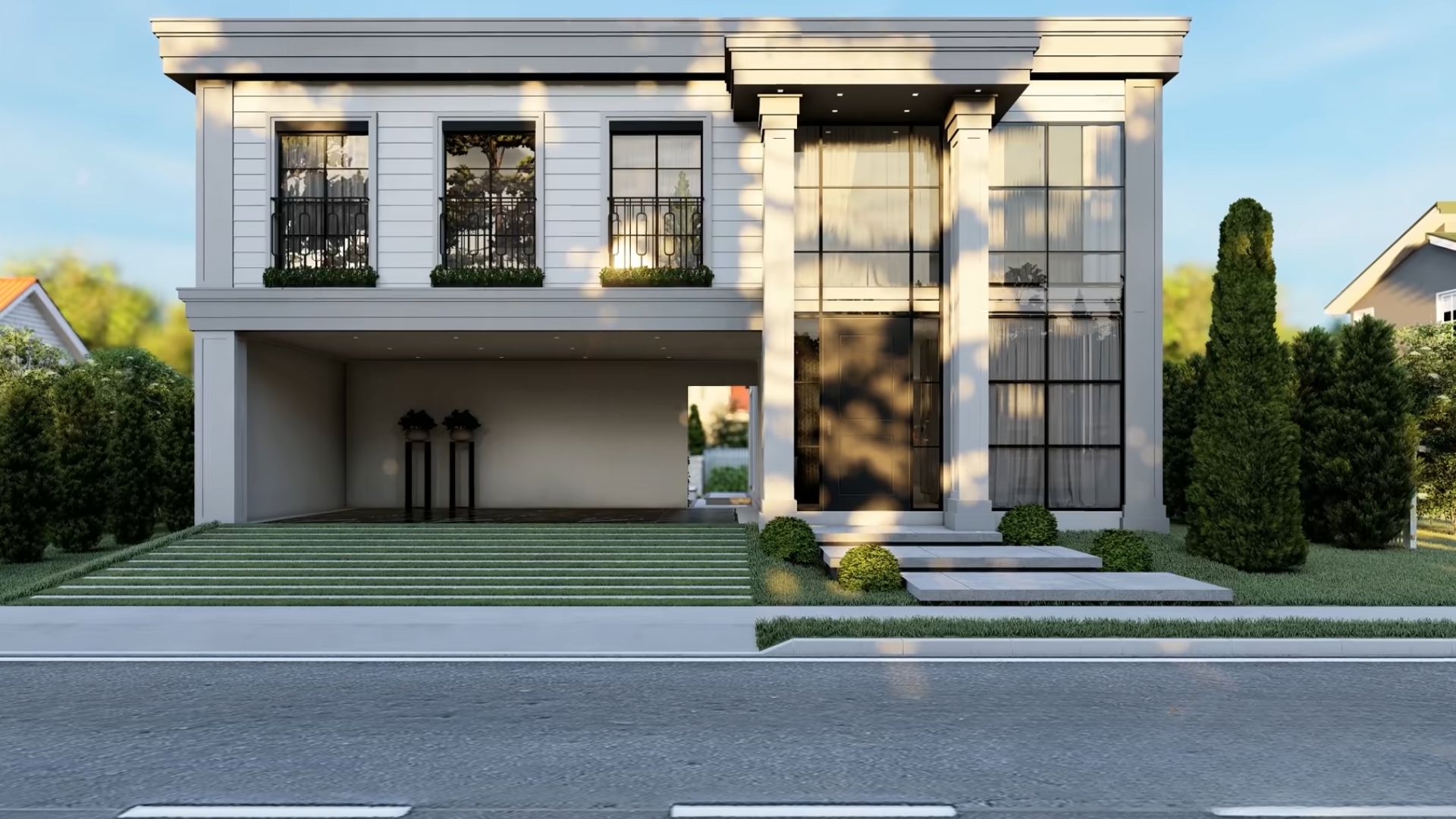 exterior of the modern container house with white facade, a trim, and flat roof