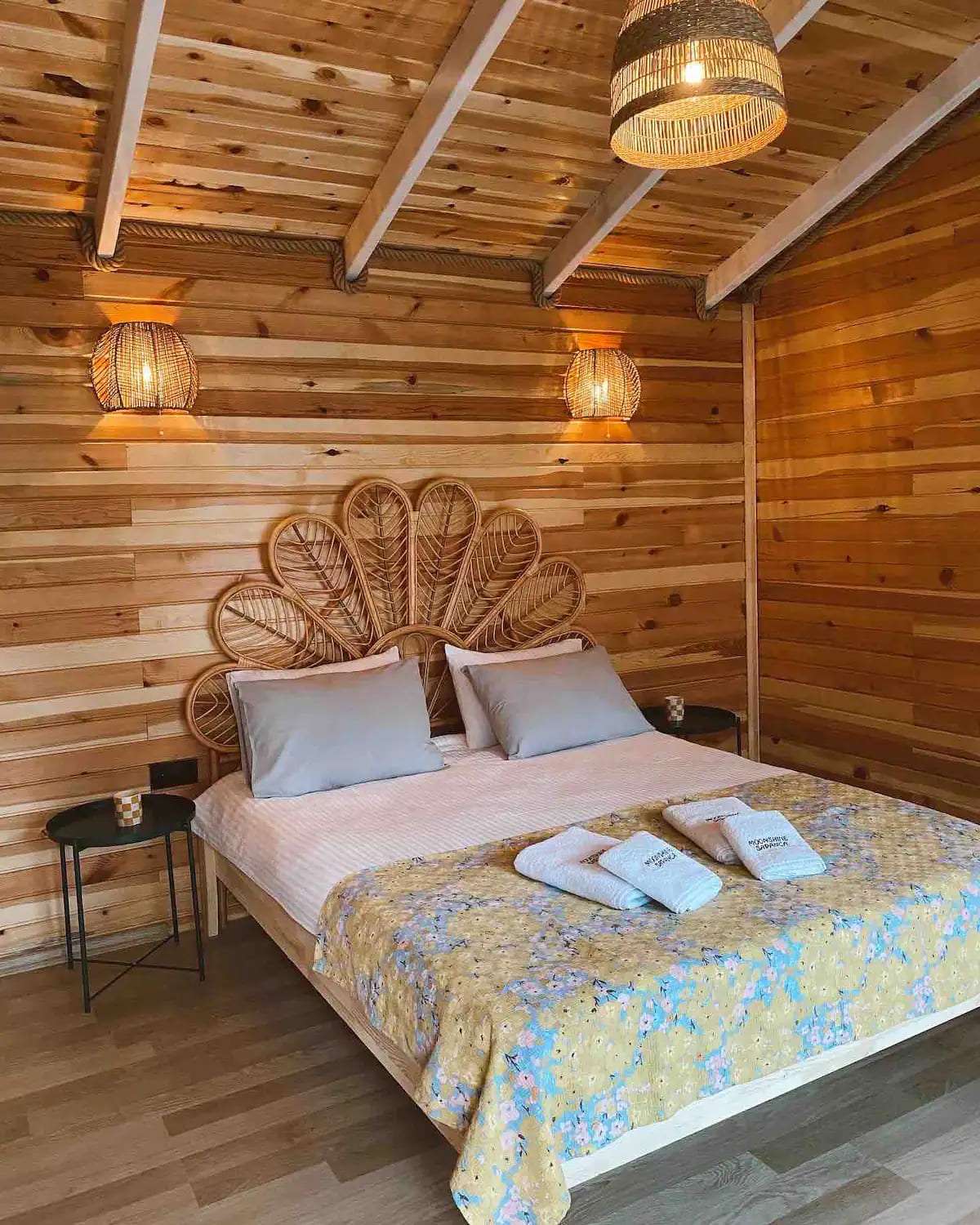 bed with a flower, wooden bed frame