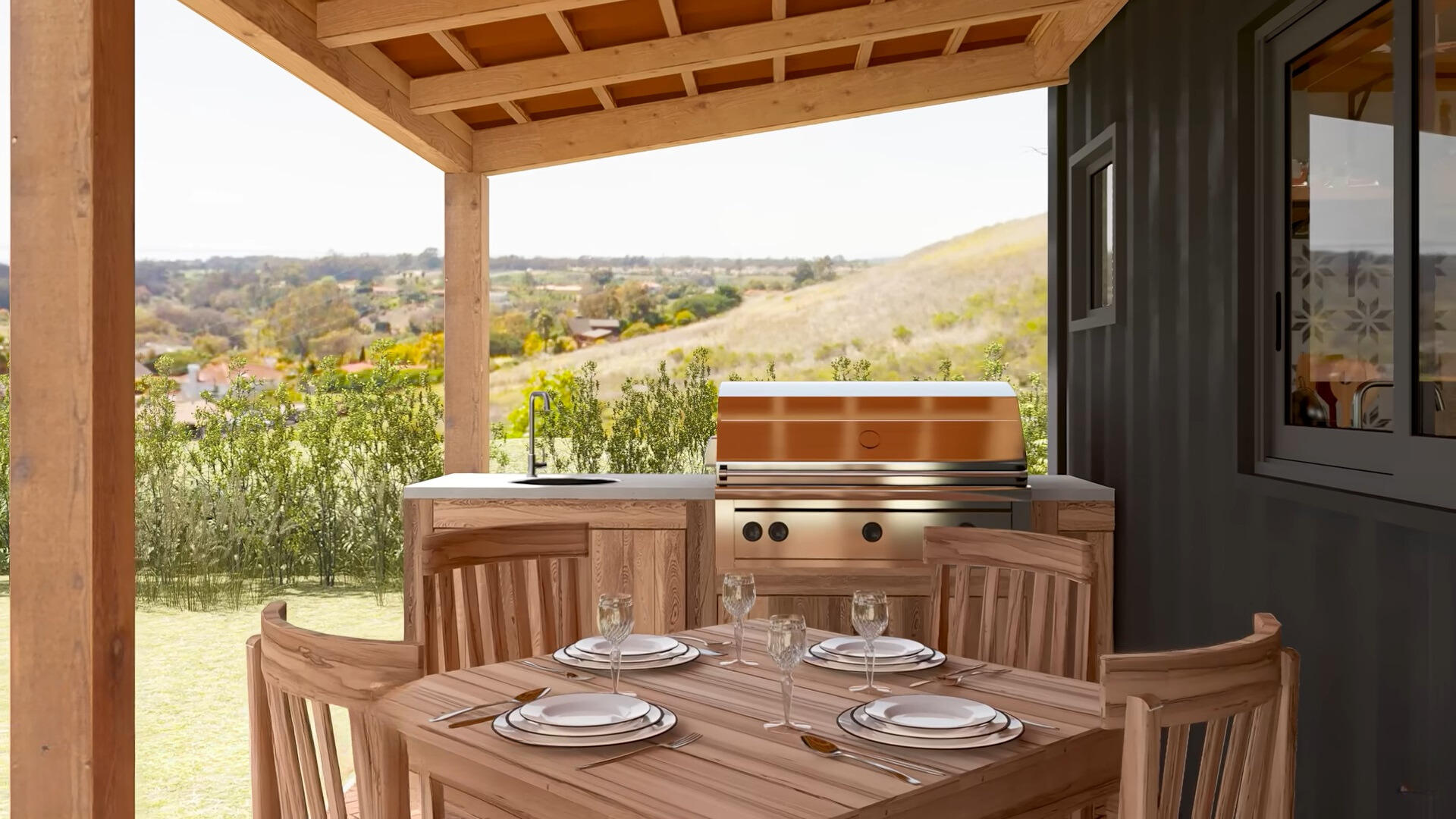 a grill and a brown dining table surrounding it outside