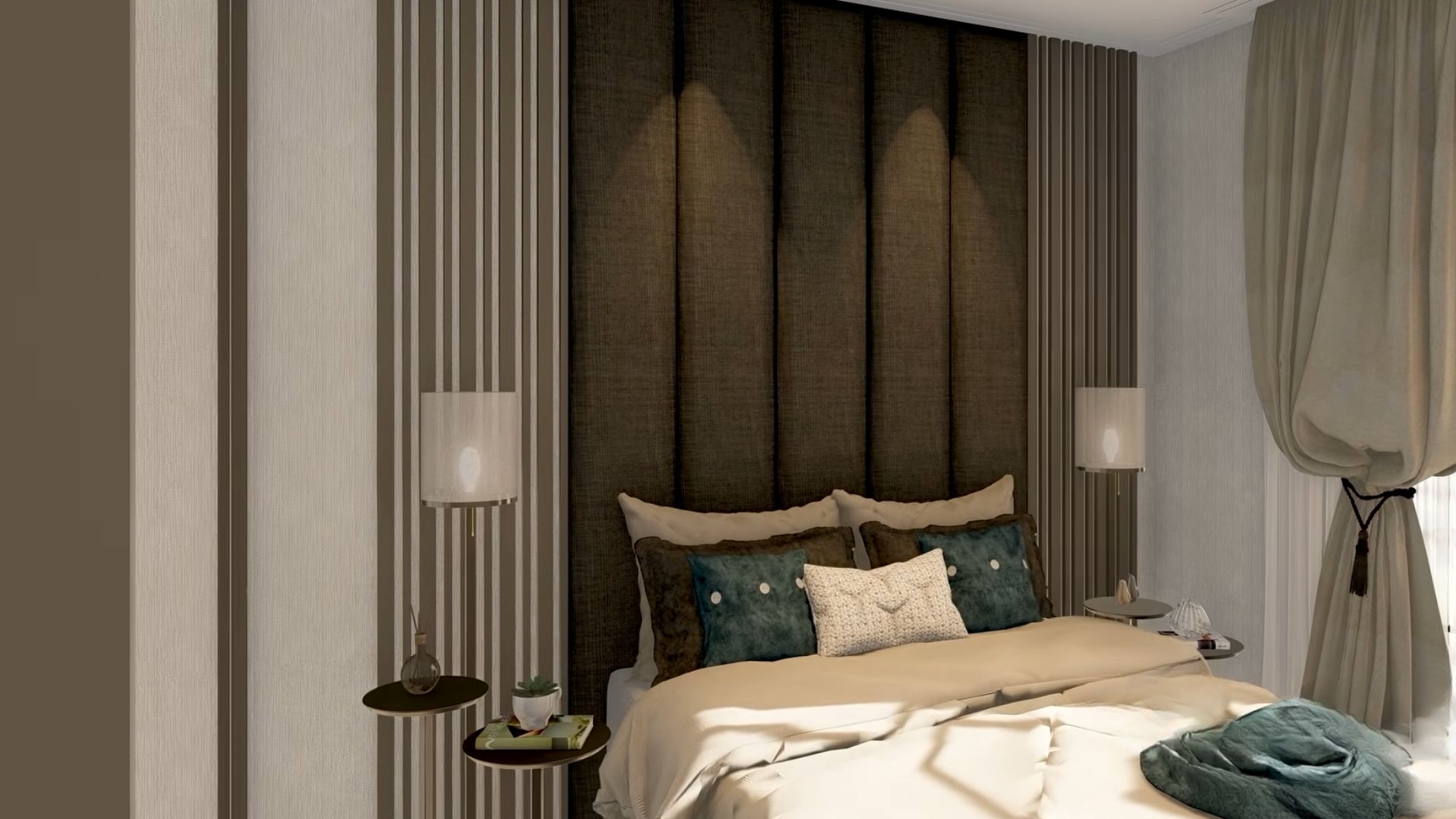 guest bedroom with a comfy bed and an accent wall in shades of brown