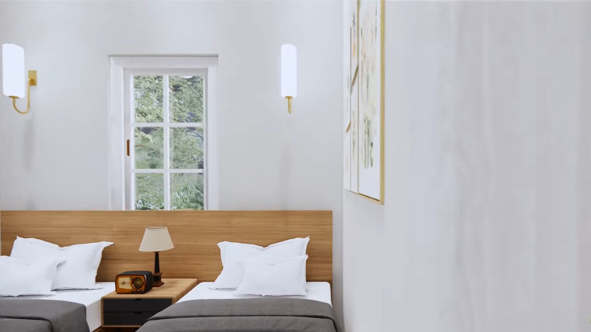 guest bedroom with two single beds, a shared nightstand, and a wooden headboard