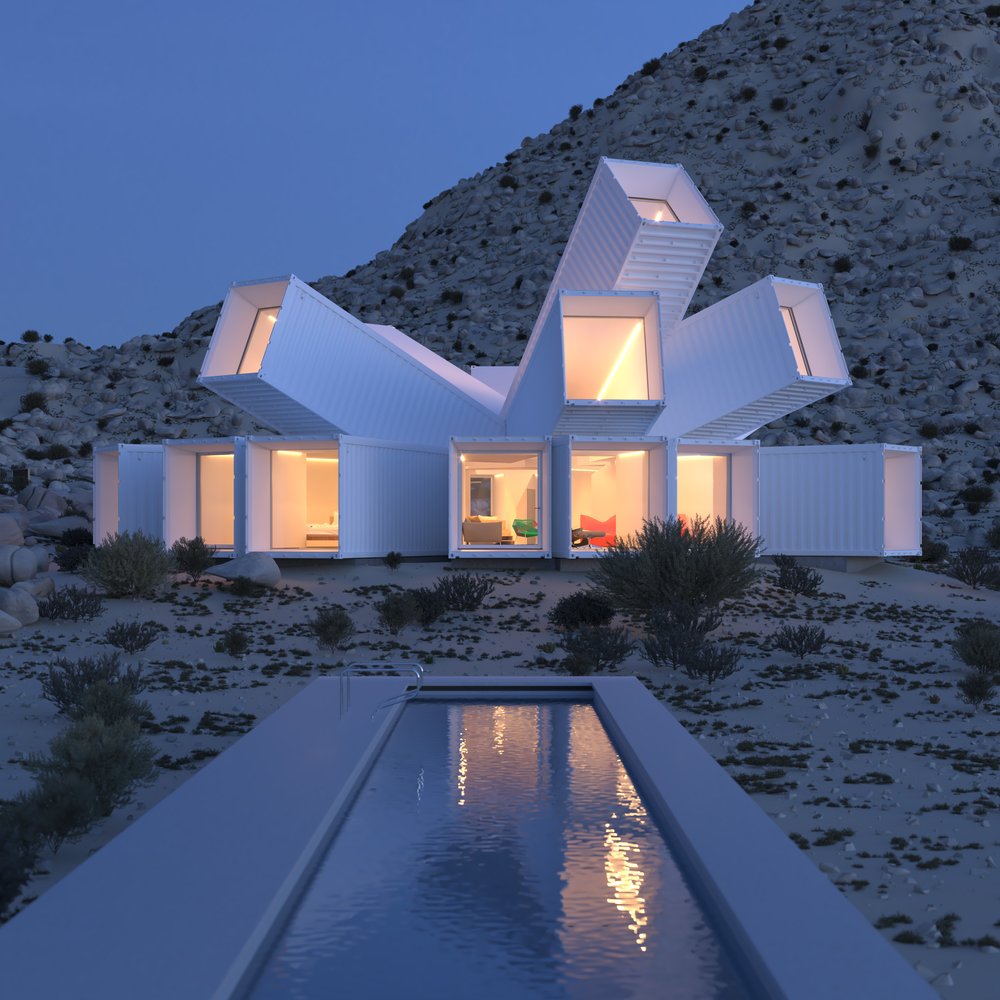 house with white containers placed in different angles