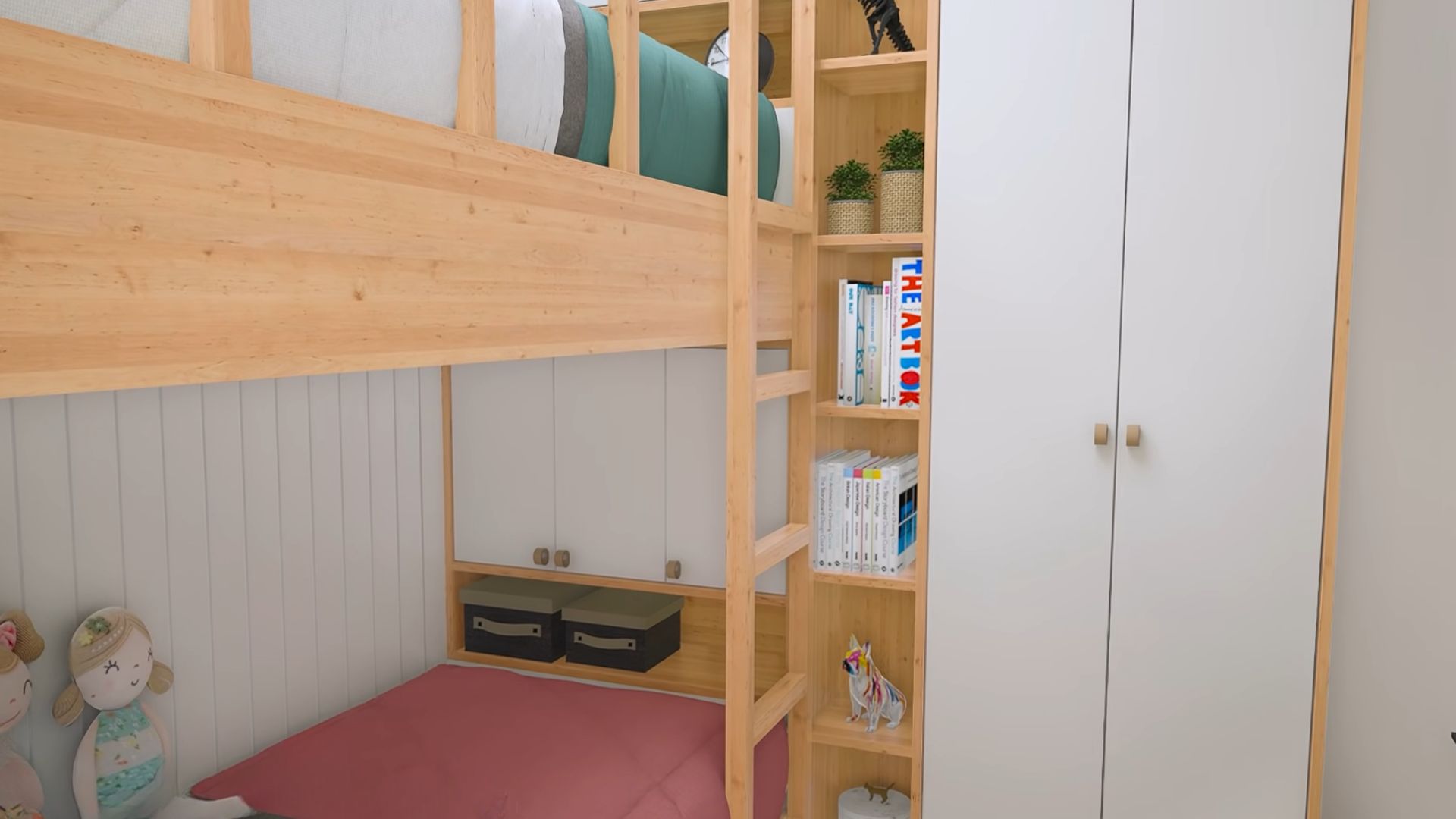 kids' bedroom with a bunkbed, open shelves, and a closet