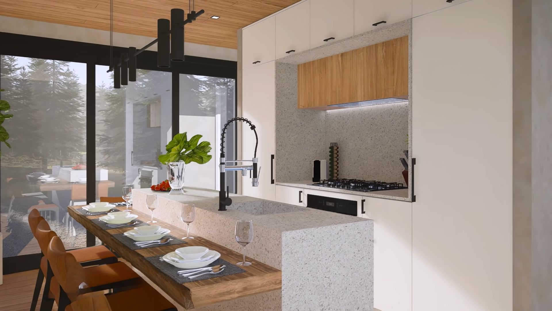 kitchen with frame cabinets in white and small cabinets in wood, a kitchen island next to it with a dining table