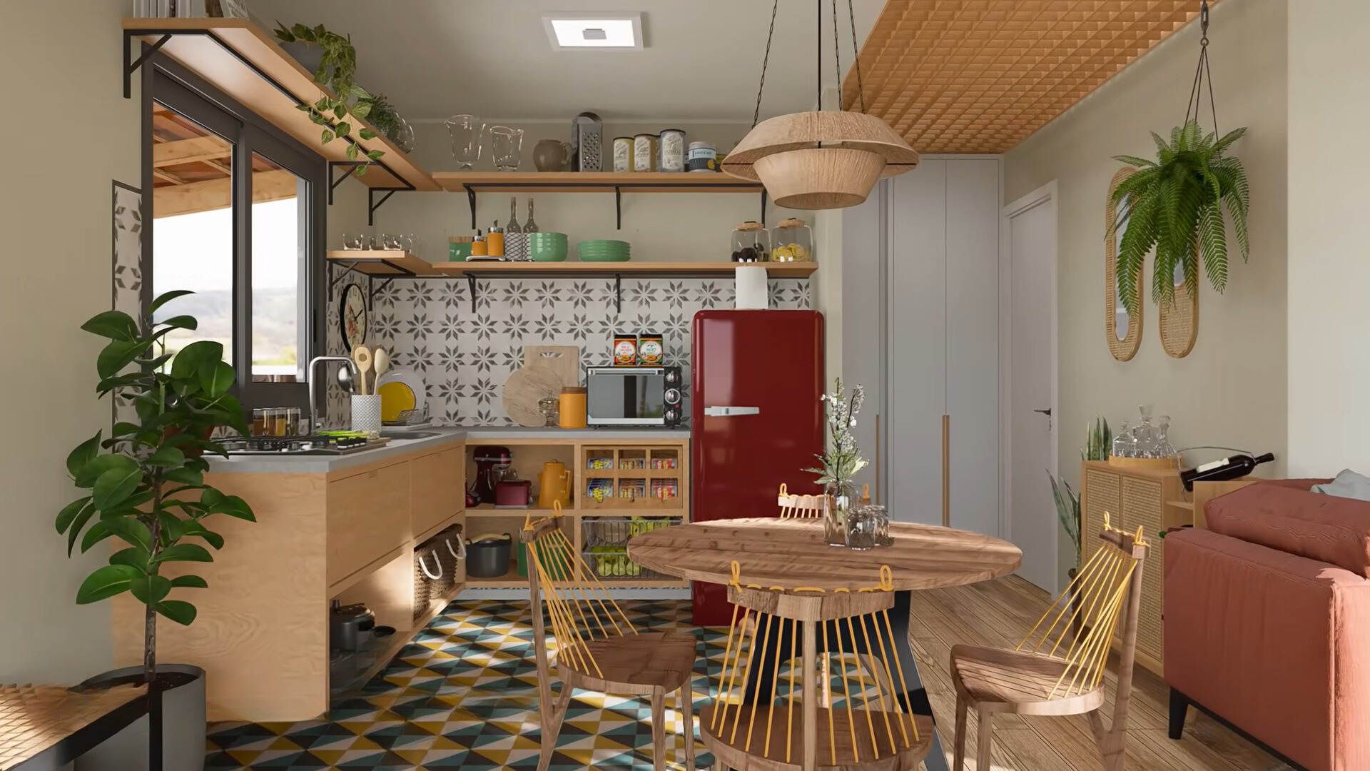 kitchen with textured tiles, red fridge, brown cabinets and shelves, brown round table with chairs around it