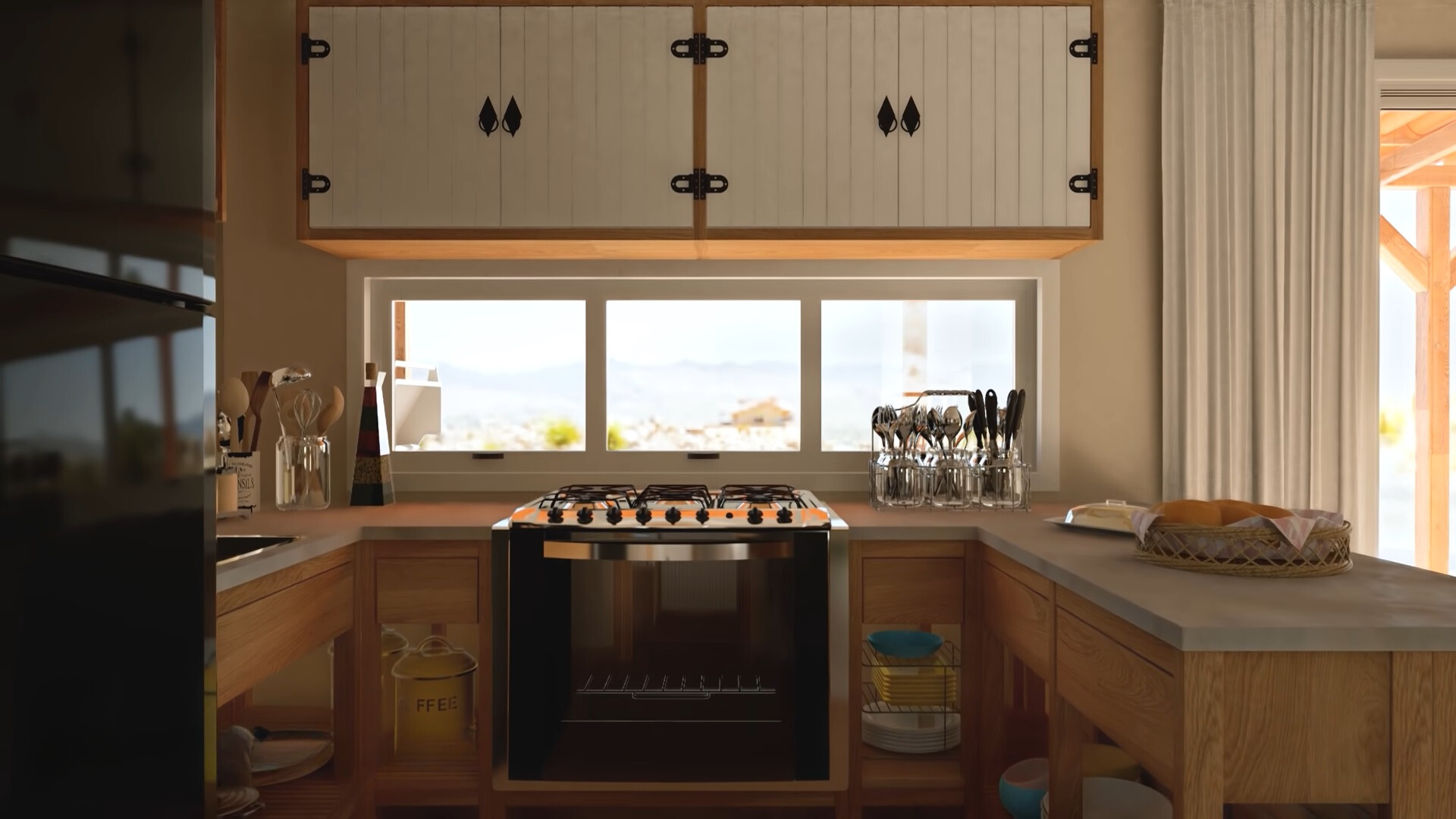 kitchen with a u-shaped countertop, white cabinets, brown drawers and a window above the countertop